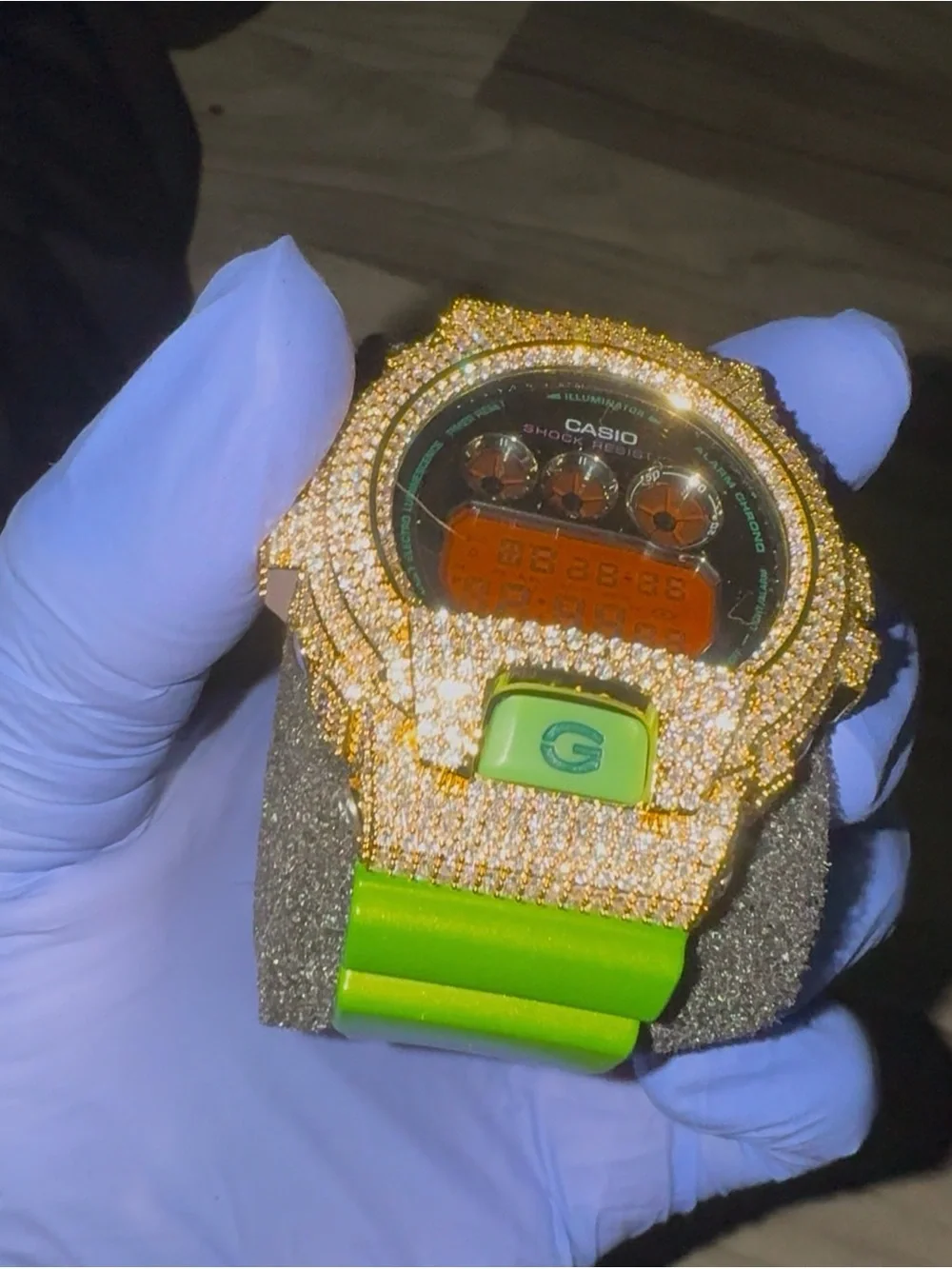 Casio Digital Watch — Gold Crystal Case with Neon Green Strap and Orange Display